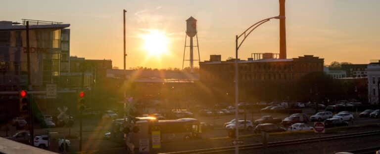 Durham skyline with water tower at sunset