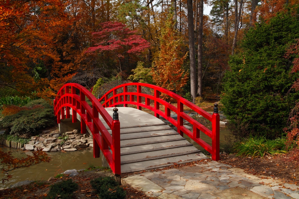 Red bridge at the Duke Gardens - one of the best things to do in Durham, NC This Fall