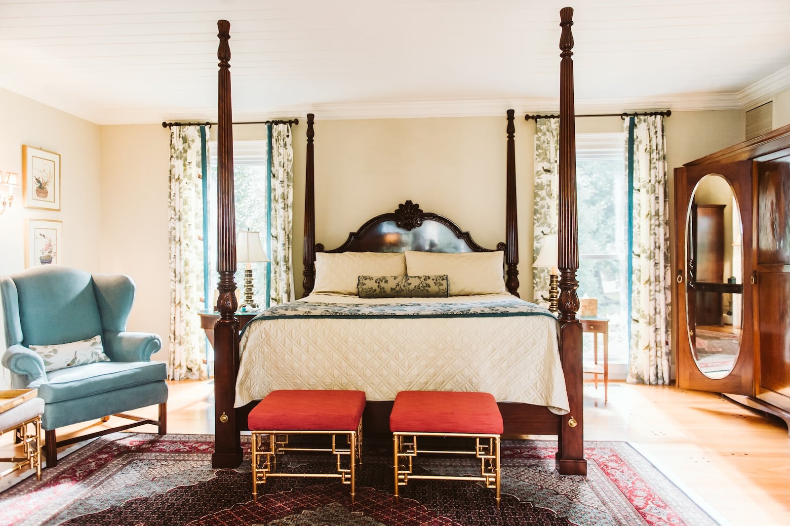 Stay at the best Bed and Breakfast Near Raleigh. Spend your evenings in this incredible room with a four poster bed, sitting area, and floor to ceiling windows. 